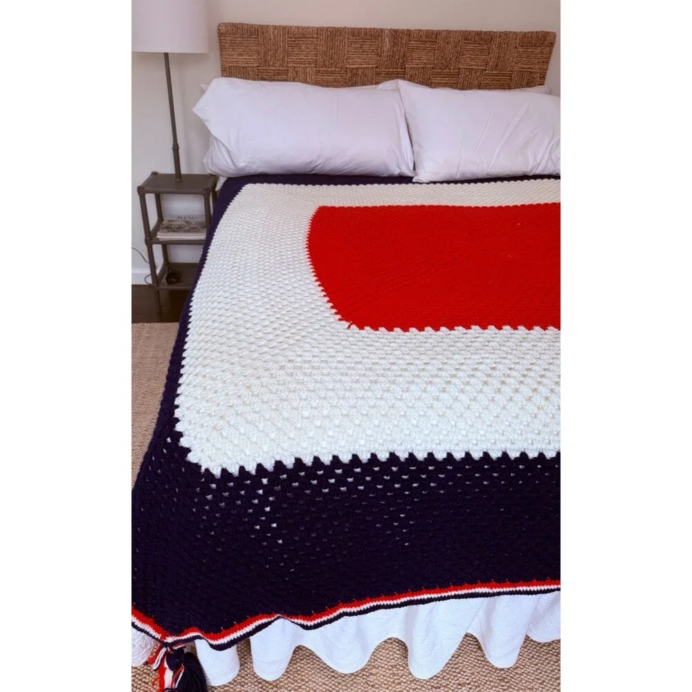 Vintage Large Crochet Afghan Blanket Throw Handmade 100” x 104” Red White & Blue